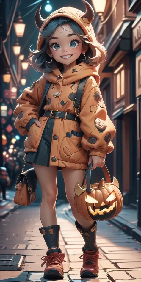 Full body portrait, sfw (masterpiece), best quality, expressive eyes, smiling, cheerful, carrying pumpkin shaped bag full of can...
