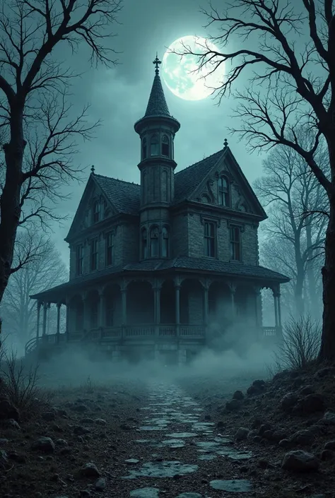 A creepy, abandoned Victorian mansion at night, surrounded by leafless trees under a full moon, cold fog drifting slowly, cinema...