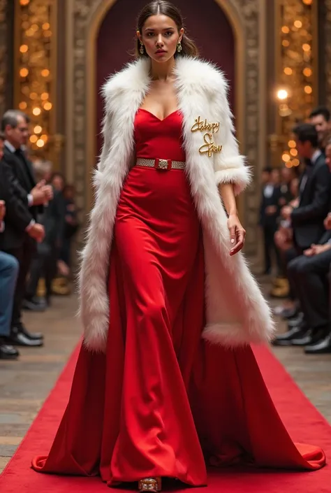 A red promotional gown with a white stole and gold letters on the stole