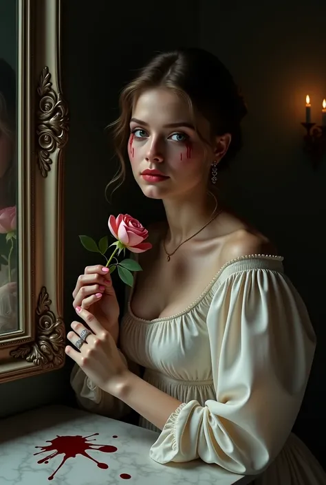A beautiful woman from the Late Romanticism era, wearing blood-stained white dress, dim candlelight, set in marble floor with bl...