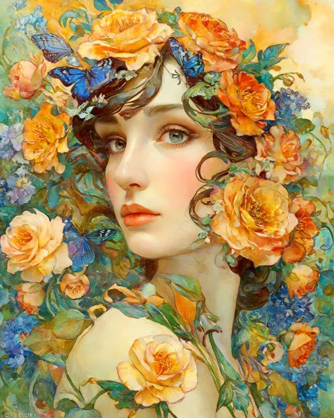 greg rutkowski,perfect eyes,skin blemish,detailed skin,Representando a una bella mujer con flores en el cabello., ( Audrey Hepbu...