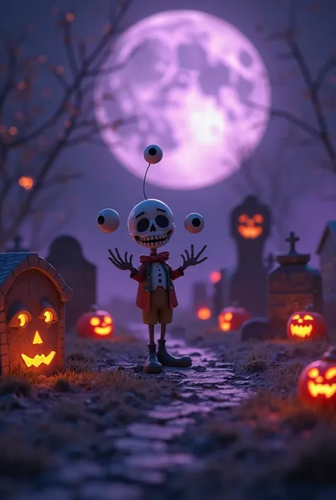 A 3D cartoon graveyard at midnight, tombstones shaped like screaming faces, a skeletal clown juggling eyeballs under flickering ...