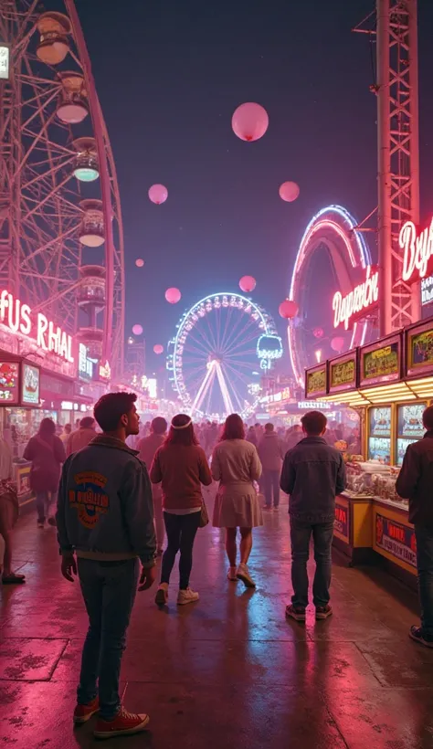 1980s American night amusement park scene, glowing with intense neon lights from roller coasters, spinning rides and Ferris whee...