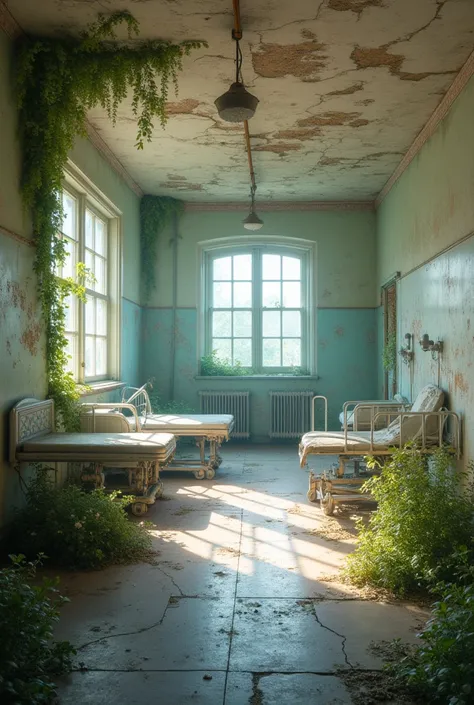A hyper-realistic, high-resolution photograph of an abandoned asylum interior transformed into a subtly magical space. The peeli...