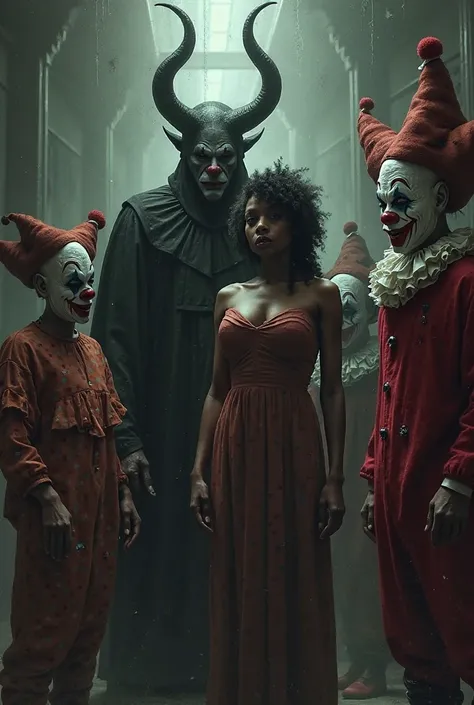 Make me an image showing a satanic man who doesn't like God , a black person who is a woman and two female clowns and a male clo...