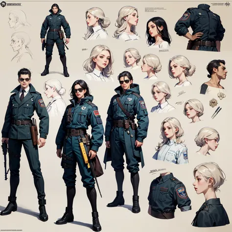 Black short military boots  , ((character concept art)) , ((CHARACTER DESIGN SHEET , Identical Characters , Front , side , At th...