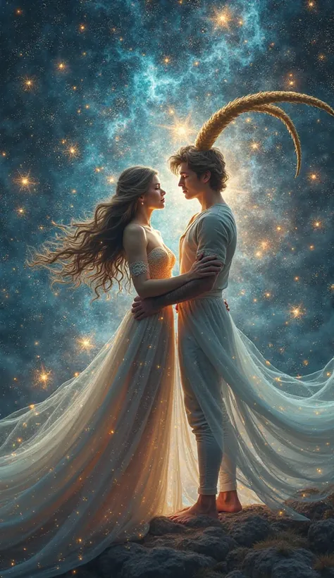 Create me a women gemini and a men Capricorn zodiac character together with cosmic and glittery background 