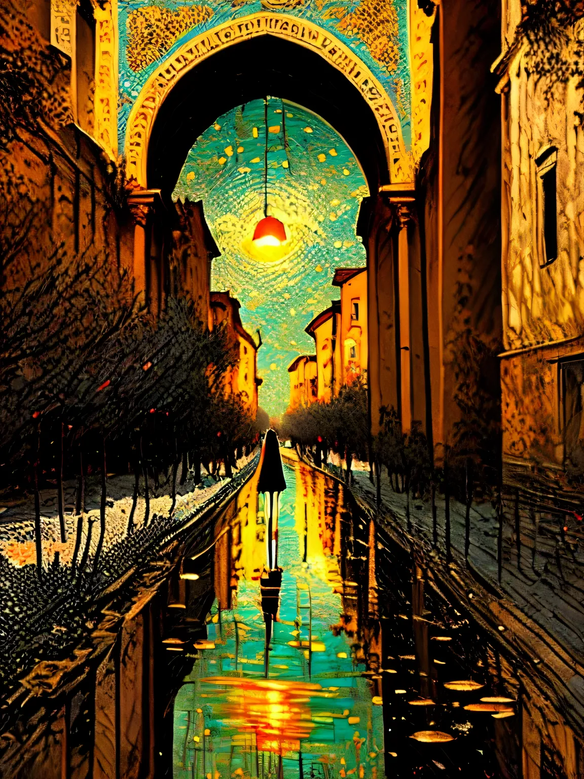 Affiche de style vectoriel Van Gogh (quartier Príncipe Real dans la ville de Lisbonne) en terrasse le soir sur la place de la vi...