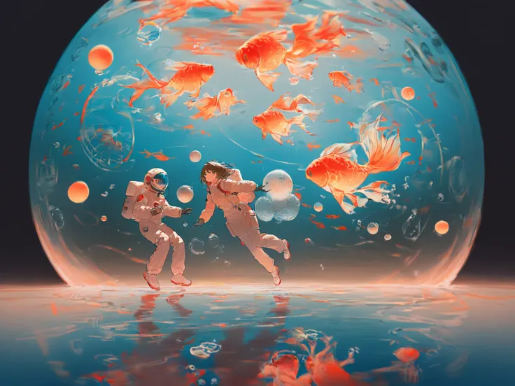 no gravity、almost round water sphere is completely floating inside the space station、（（splendid goldfish in a floating water pol...