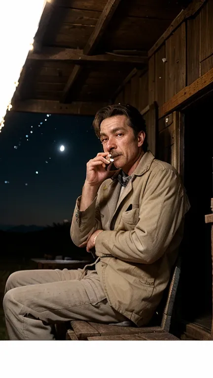 A man was sitting in an old hut smoking a face full of disappointment, at night a bright sky sprinkled with twinkling stars, 