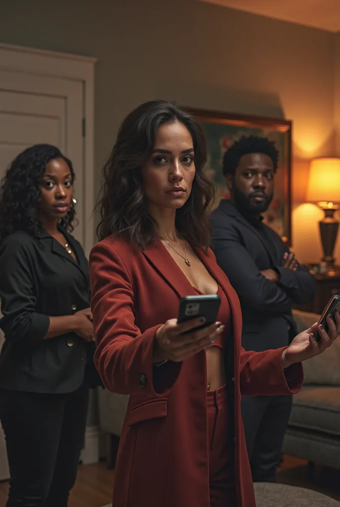 Vanessa Tonia and shade sitting in a living room, one (calm and well-dressed) holding out her phone with serious expression, the...
