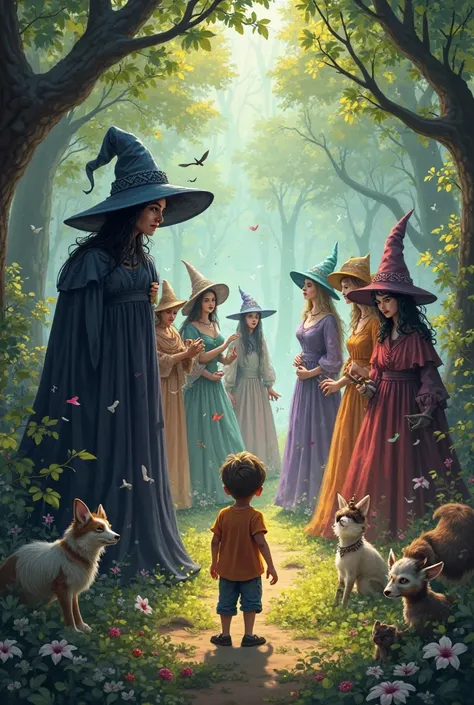 Make a photo one bad witch and 4 good witches, 9 Children, the 1 boy farmer and 5 animals at the Forest 