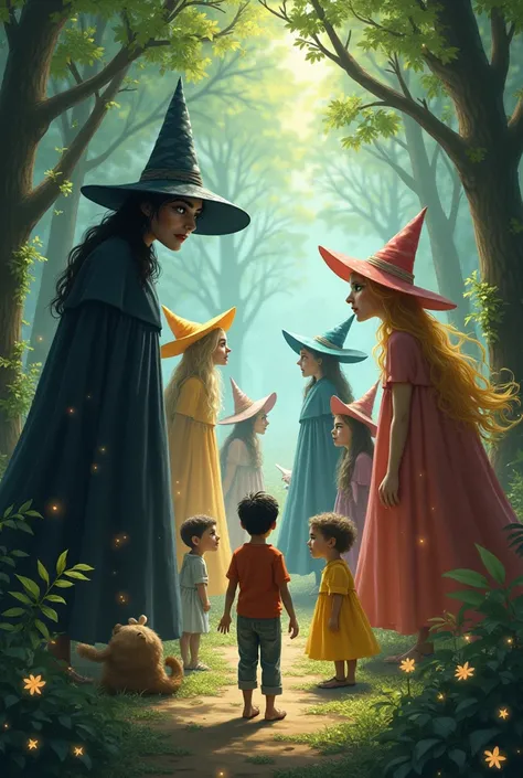 Make a photo one bad witch and 4 good witches, 9 Children, the 1 boy farmer and 5 animals at the Forest 