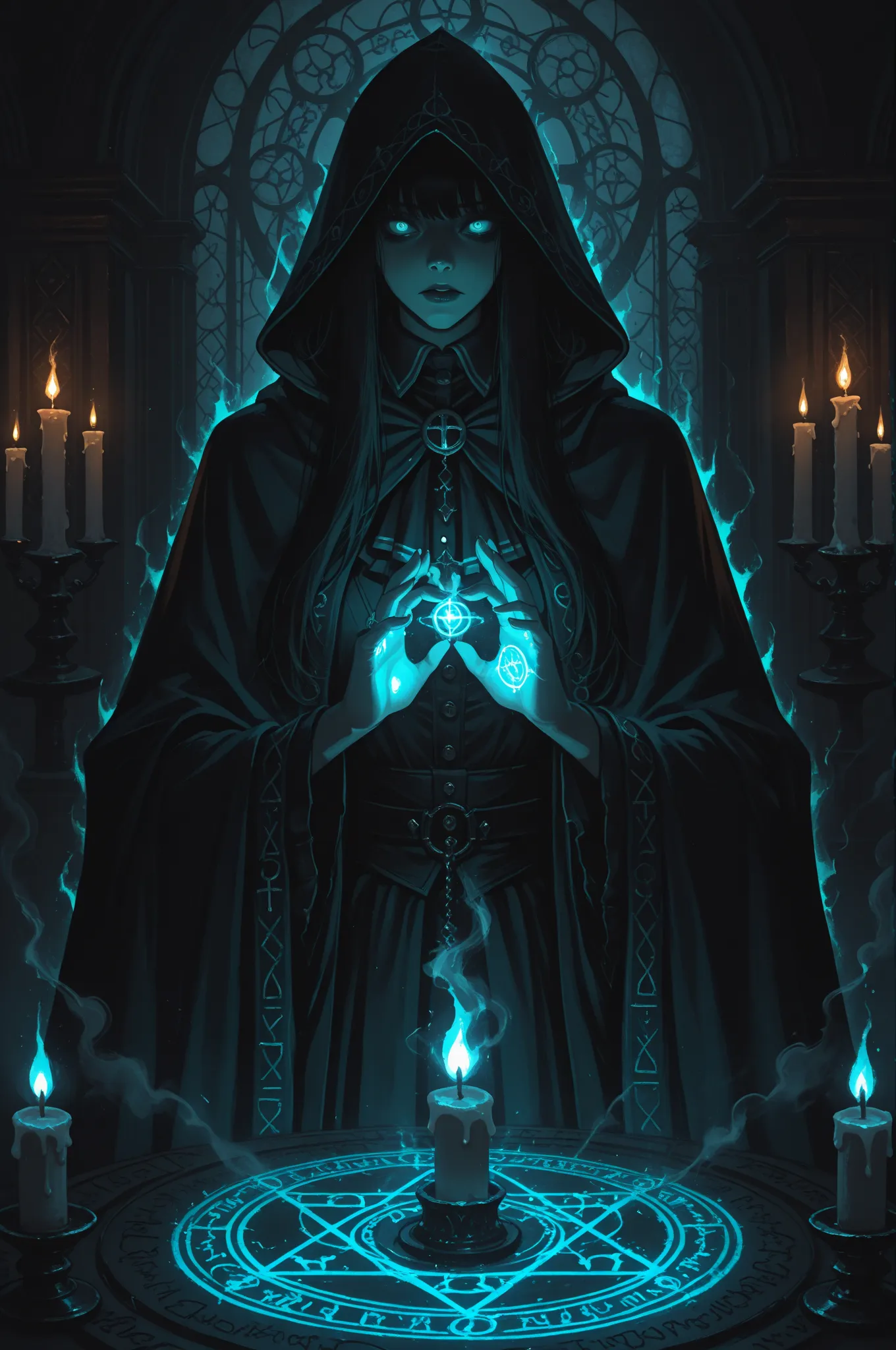 high quality,  4K, A witch summoning a demon from a glowing magic circle, dark ritual scene, dramatic lighting, glowing symbols,...