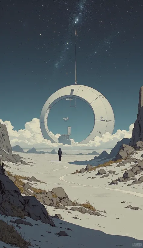  Milky Way　lonely　sad scenery　Desert Planet　sky full of stars　future　modern round shaped residence