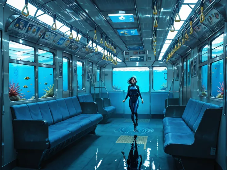 Masterpiece, perfect finish, delicately rendered, girl exploring underwater, diving suit, sunken skyscrapers, subway entrance wi...