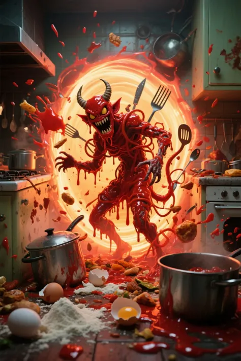 In a chaotic kitchen, a bizarre demon emerges from a glowing, swirling portal formed by a disastrous cooking accident. The demon...