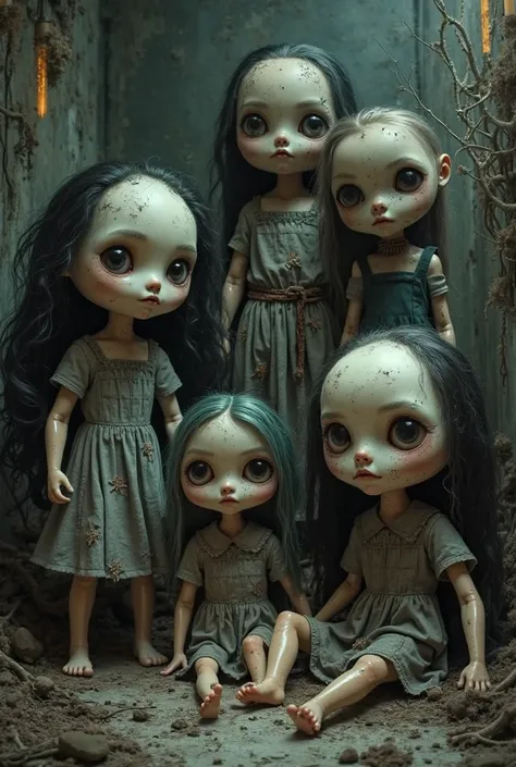 Please create images of the Blythe Dolls from the corpse of Tim Burton's girlfriend 