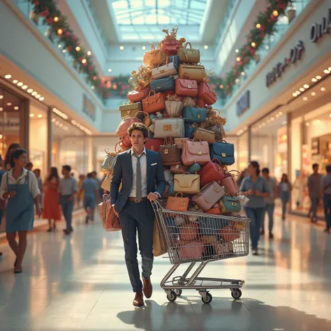 create an image for a person with a receipt showing someone spent all their salary at a mall. He is in a shopping mall carrying ...
