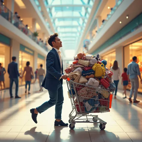 create an image for a person with a receipt showing someone spent all their salary at a mall. He is in a shopping mall carrying ...