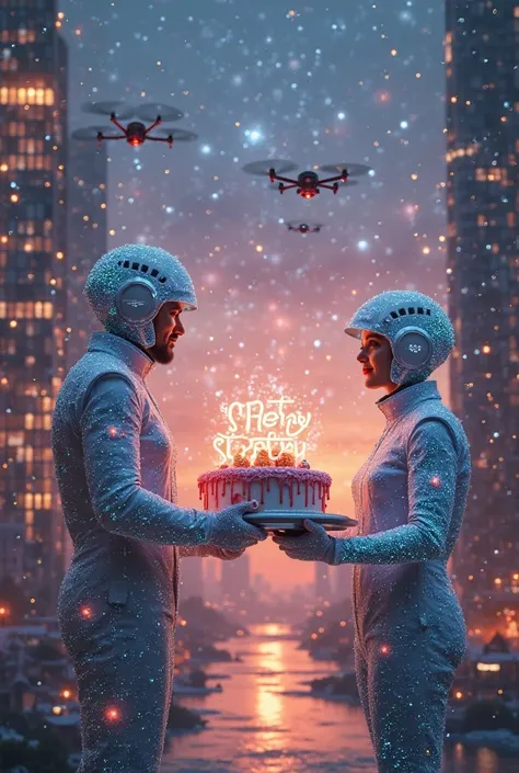 holiday scene in the dimension of the future, architects in holographic suits and light helmets are holding a cake with floating...