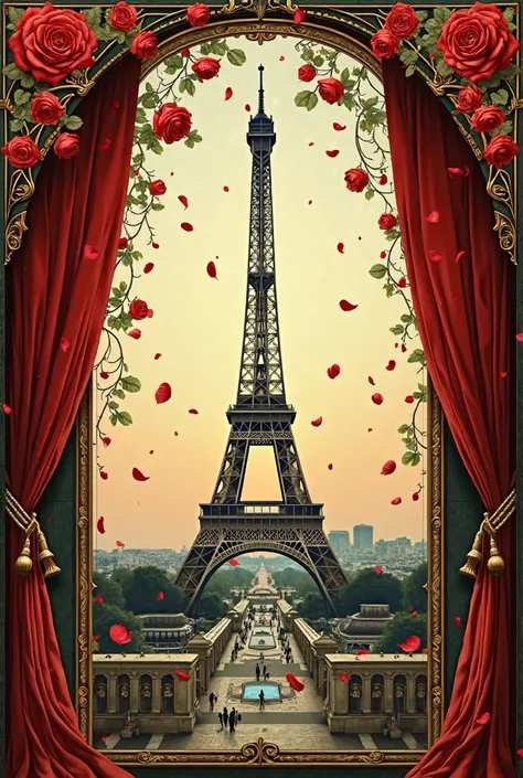 art composition in the French Art Nouveau style, Eiffel tower silhouette with a view through a window in the background, flying ...