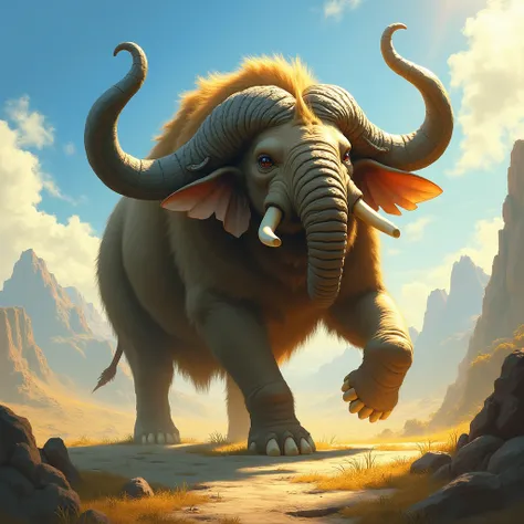 "An epic fantasy artwork depicting a majestic creature, a fusion of an elephant and a rabbit, standing in a sun-drenched, mystic...