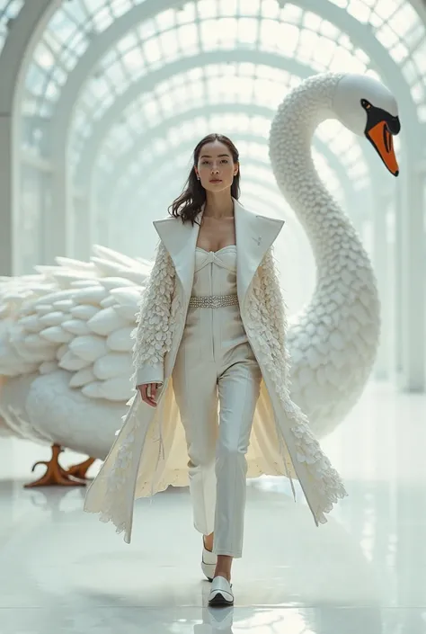 A pristine chrome-white fashion capital with clean glass domes and slow-motion floating petals. Maria walks in a soft silver coa...