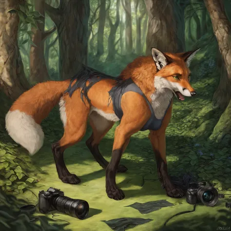Female fox mid transformation, masterpiece, best art, feral hind legs, by patto, by oouna, solo, female photographer in transfor...