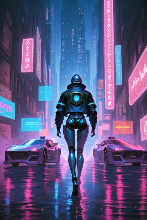 Futuristic humanoid robot, walking side by side with human, backs facing camera, neon cyberpunk cityscape, holographic displays,...