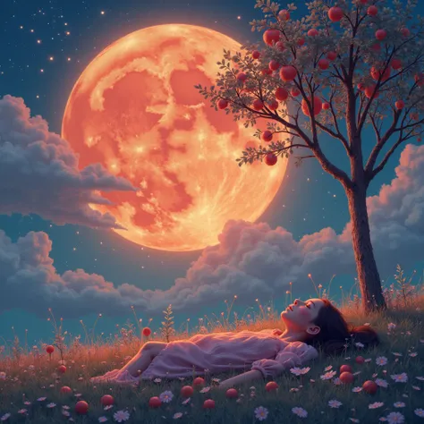 A serene nightscape where a colossal tangerine moon, swollen and low-hanging, looms over a tranquil, dream-like landscape. The m...