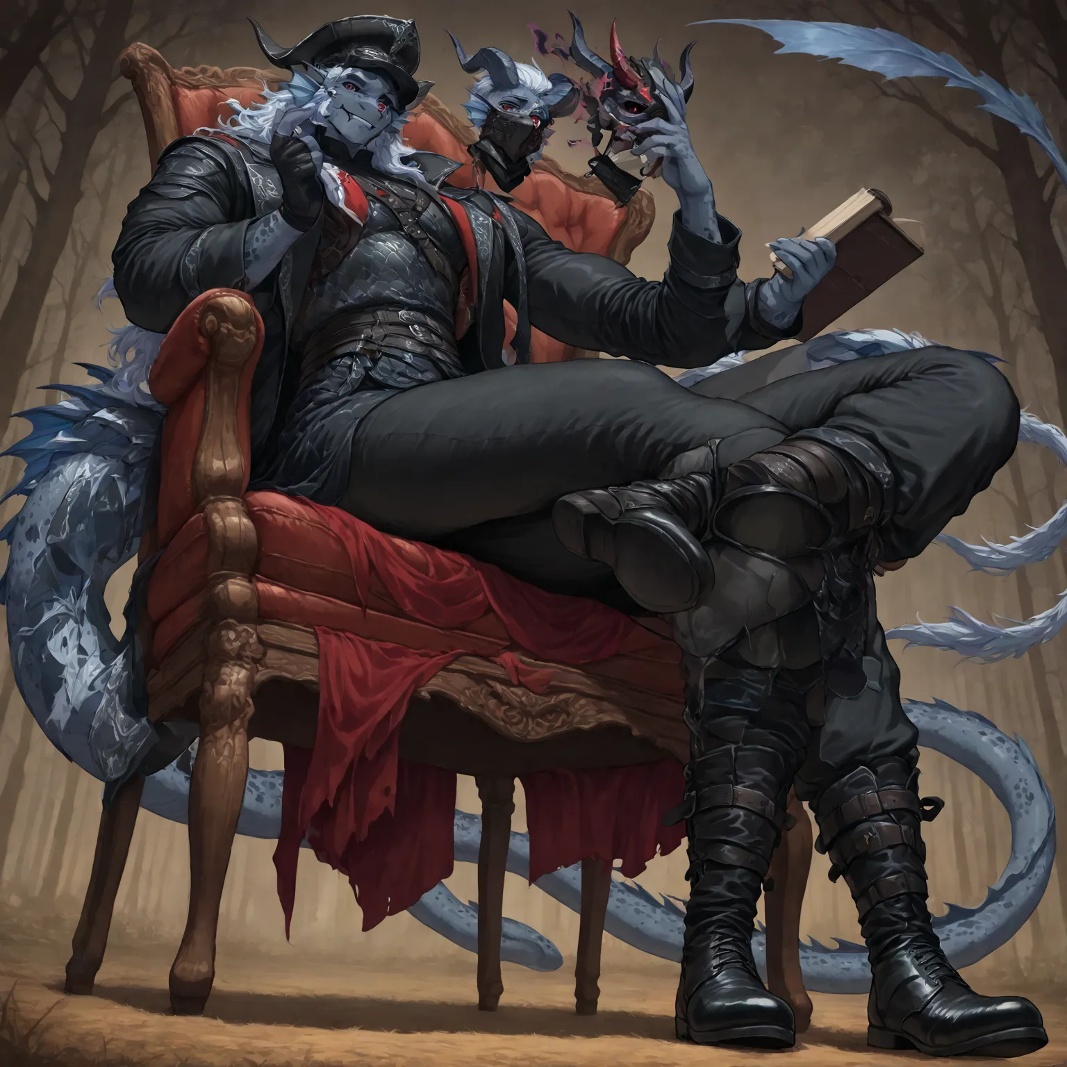 A powerful, muscular male anthropomorphic dragon with black and white scales and glowing red eyes, his face covered in prominent...
