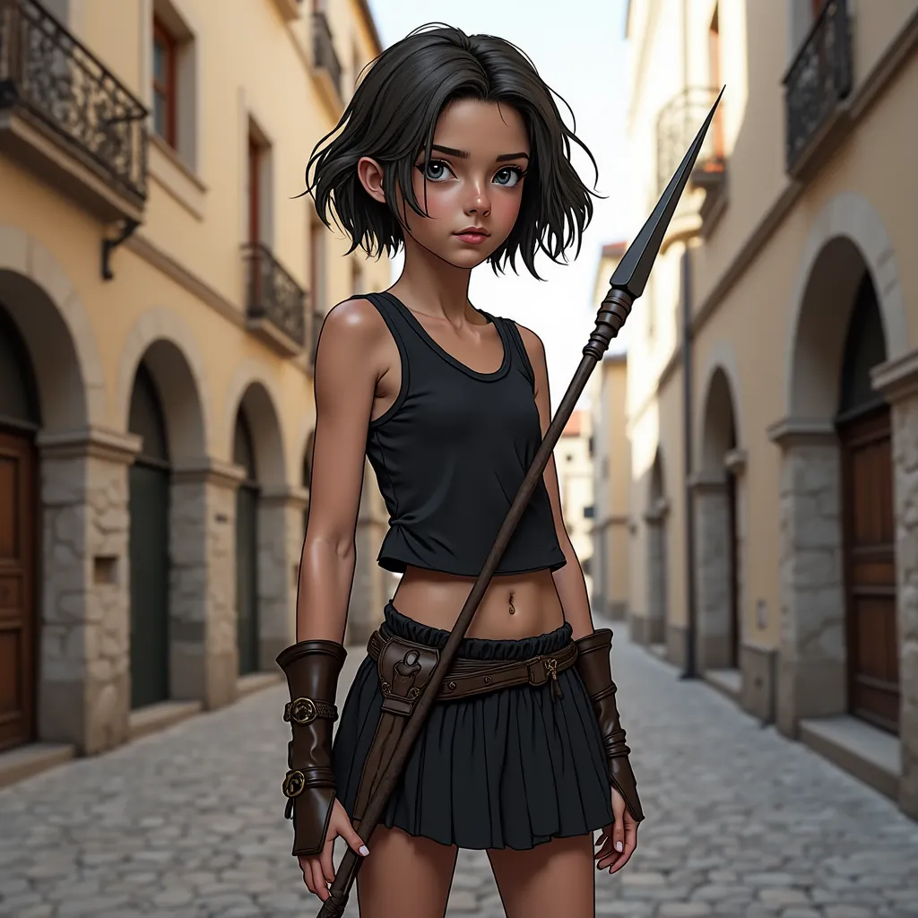 13-year-old girl, 153 cm tall, slender body with fair skin and, for her age,  larger breasts. Der Kopf hat kurzes, dunkelbraunes...