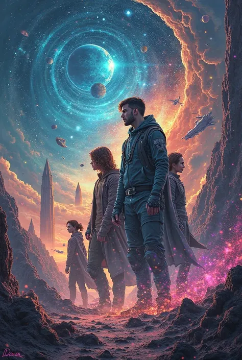 creates an image on a cover of a story in which there are several stories inside, everything is set in science fiction and that ...