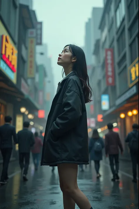 Passers-by running away from the rain due to a sudden shower, and a Korean female student standing tall and looking at the sky, 