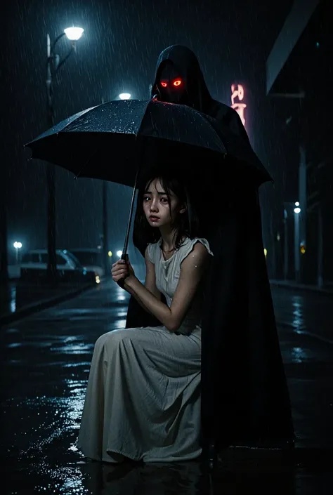 Masterpiece, ultra detailed, best quality, dramatic night scene, mysterious tall echo shadow silhouette with glowing crimson eye...