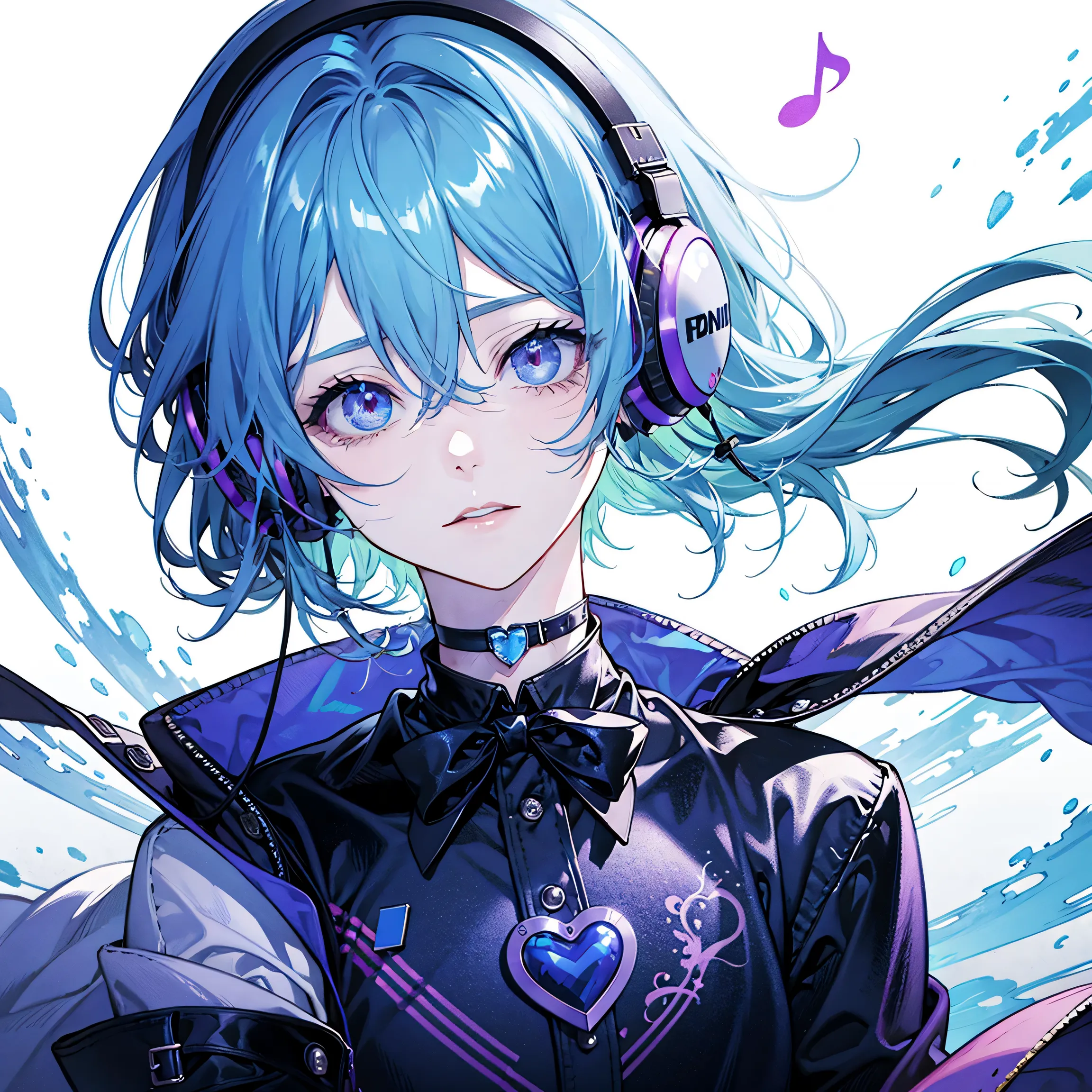 A cute anime girl with pastel lavender and blue gradient hair, styled in a ponytail. She is wearing stylish headphones with a he...