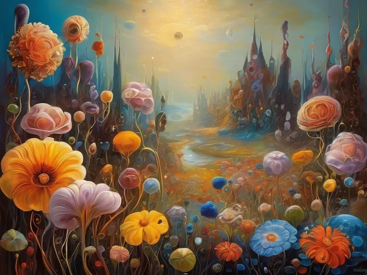  unusual futuristic flowers, a mixture of Gustav Klimt and Boris Vallejo's fantasy, unusually striking, as if from another world...