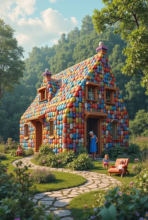 generate a real image with a villa made of 0.5 liter cans, and next to the villa there should be a family and in the background ...