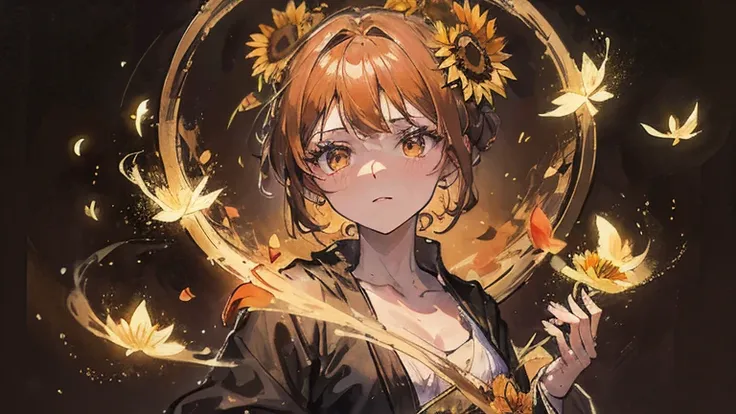 A woman's soul emerging as light in a dark space、shines orange and golden、sunflower petals fluttering around、Mysterious with an ...