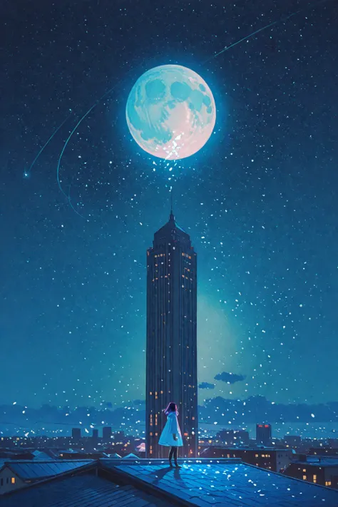 A surreal night scene of a full moon blooming like a flower on the rooftop of a tall building, soft glowing petals of light surr...