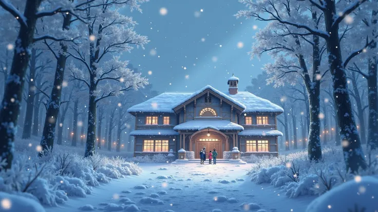 雪に閉ざされた学校、凍りついた生徒たち、ファンタジー、アニメ風、吹雪の中、凍り付いた地面と木々に囲まれた学校、外に出られない生徒たちが身を寄せ合う、雪化粧した校舎、幻想的な光芒、冬の森の魔法、細かな霜細工、寒さで赤く染まる頬、キラキラと輝く氷の結晶、4Kハ...