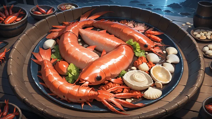 Various sea delicacies boiled crayfish, shells, fish fried on a wooden plate. The background of an old medieval tavern is very b...