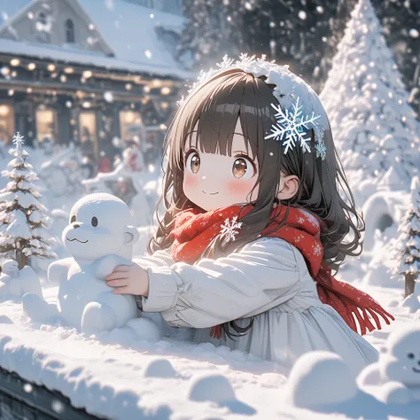 Super Details, 8k, Nice, Destroying snow sculptures of gorillas、Bright,cute girl、Black Hair Long Hair、Brown Eye、beautiful eyes、 ...