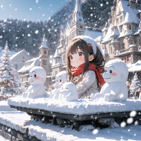 Super Details, 8k, Nice, Destroy gorilla snow sculptures、Bright,cute girl、Black Hair Long Hair、Brown Eye、beautiful eyes、 Snow Sc...
