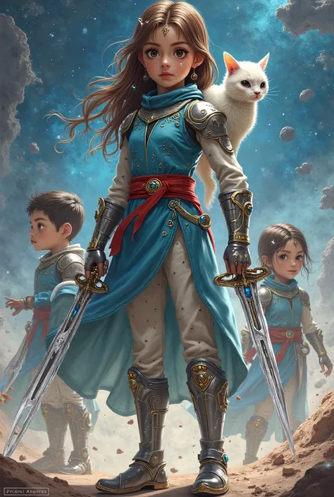 time travelling turk race girl with red belt with blue and silver sci fi clothes looking straght to black holes with pet that lo...