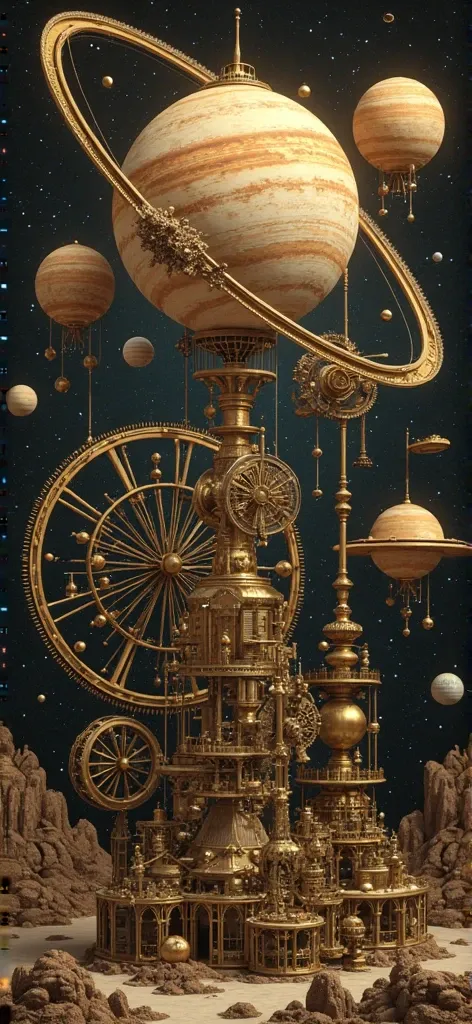 steampunk, solar system, detailed, mechanical, gears, brass, cogs, planets, moons, spaceships, airships, floating islands, steam...