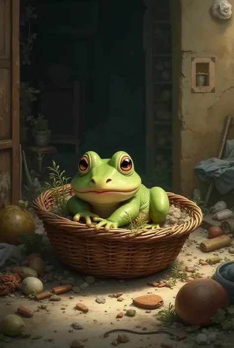 Baby Grenouille in the foreground inside a basket, lying in the garbage. of the 18th century horizontally