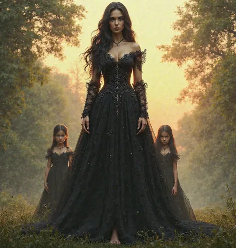 Create a ultra real image of lady dimitriceu standing bare feet  pointing towards screen, low angle shot, giantess, her daughter...