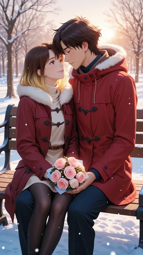 a romantic anime couple standing in a snow-covered park during golden hour, surrounded by softly falling snowflakes and bare win...
